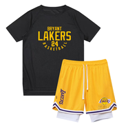 法登爵湖人隊23號詹姆斯短袖T恤24科比訓練服籃球美式速干衣男運動(dòng)套裝 黑色上衣+黃褲子:24號科比 S (150高 80斤)