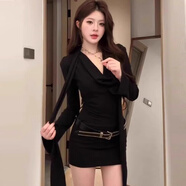 妙奕嘉包臀裙緊身純欲黑色辣妹連衣裙女裙子春季性感小媽風(fēng)短裙禮服高級 法式v領(lǐng)系帶包臀裙【配腰帶】 均碼 【建議125斤以內(nèi)】