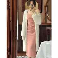 GOCHIEI新中式褶皺連衣裙女春夏兩件套開(kāi)衫吊帶裙修身顯瘦高級設計感唯美 白色毛絨外套+粉色裙子 S 建議90斤內