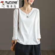 啄木鳥(niǎo)大碼春季新款棉質(zhì)打底衫200斤寬松體恤長(cháng)袖文藝V領(lǐng)女棉質(zhì)T恤女 白色【純色】 3XL 建議150-175斤