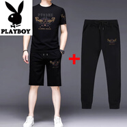 花花公子（PLAYBOY）男士新款運動套裝短袖t恤夏季冰絲半袖休閑印花長短褲三件套套裝 318雙馬三件套 M 165/ 建議95-125斤