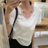 芭瑾圖V領(lǐng)拼接蕾絲花邊T恤女夏季新款韓系純色內(nèi)搭寬松氣質(zhì)睫毛辣妹上衣 白色【高質(zhì)量】 S