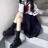 神北JK 紺三本正統水手服jk制服套裝基礎款學(xué)院風(fēng)校供中間春夏 白三本長(cháng)袖+短裙+蝴蝶結 M