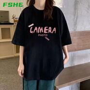 FSHE2025新款短袖t恤女夏季新款大碼女裝韓版寬松ins純欲風(fēng)半袖上衣服 黑色[A]短袖 4XL _180-200斤