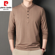 皮爾卡丹（pierre cardin）中年立領T恤男春秋圓領純棉休閑長袖體恤上衣條紋寬松打底體恤衫T 1190-6卡其 L 170/110/50120-135斤