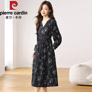皮爾卡丹（pierre cardin）法式茶歇v領(lǐng)長(zhǎng)袖碎花連衣裙女士春裝感抽繩收腰氣質(zhì)雪紡裙子 圖片色 S