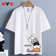 雅鹿短袖t恤男純棉圓領(lǐng)韓版寬松大碼半截袖青少年學(xué)生夏季休閑男士t恤 白/睡覺(jué)貓 XL （重140-150斤高170-175）