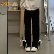 Jret粉色綁帶蝴蝶結休閑褲女學(xué)生2025年春夏日系軟妹高腰直筒闊腿運動(dòng) 黑色 L