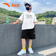 安踏男童運(yùn)動套裝夏裝冰絲速干短袖短褲兩件套T恤五分褲兒童衣服 白T黑褲7116 160