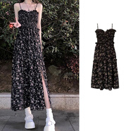 妙奕嘉吊帶連衣裙女裙子春夏季女裝2025新款碎花裙長(zhǎng)裙高級(jí)感遮肚子顯瘦 黑色碎花吊帶開(kāi)叉連衣裙 L 【建議115斤以內(nèi)】