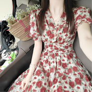清中喬大碼茶歇法式V領(lǐng)碎花連衣裙女夏森女度假風(fēng)清新過(guò) 茶歇長(cháng)裙 S 建議95斤 內