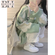 半繪日系針織衫女復古撞色毛衣女秋冬寬松加厚慵懶風軟糯溫柔內搭打底 綠色 S 建議80-95斤