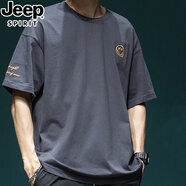 JEEP SPIRIT吉普短袖t恤男夏季男士寬松加肥加大碼T恤休閑百搭純棉上衣體恤 深灰T恤 4XL 碼(205斤-220斤)