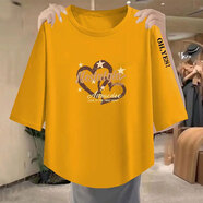 醉馨康純棉七分袖t恤女圓領(lǐng)中老年體恤衫寬松2025夏季新款上衣百搭顯瘦 黃色 純棉 【Nostalgia愛(ài)心】 M 建議80-100斤