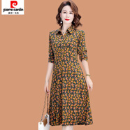 皮爾卡丹（pierre cardin）媽媽襯衫領(lǐng)連衣裙春秋裝時(shí)尚洋氣中老年女秋裝長(cháng)袖中長(cháng)款碎花裙子 黃色碎花 XL (參考90-105斤)