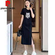 皮爾卡丹（pierre cardin）2025夏季新款純棉短袖t恤裙女寬松休閑獨特好看中長款開叉連衣裙 6017-黑色開叉連衣裙 -白色印花 M 100-115斤