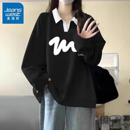 真維斯（JEANSWEST）黑色翻領(lǐng)polo長(cháng)袖衛衣女春秋百搭外套2025新款寬松美式慵懶風(fēng)上衣 黑色 簡(jiǎn)單波浪白 L