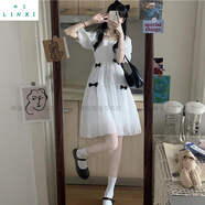 琳璽 LINXI 初戀裙復古溫柔風(fēng)方領(lǐng)泡泡袖白色裙子女夏學(xué)生茶歇法式桔梗連衣裙E 白色 L (建議109-118斤)