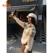 乖甜星費(fèi)爾島毛衣秋冬女慵懶感民族風(fēng)重工提花圓領(lǐng)套頭針織衫 白色 均碼