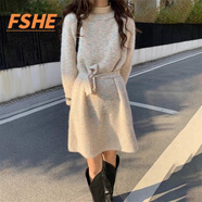 FSHE感慵懶風毛衣女秋冬新款外穿中長款寬松針織衫系帶收腰連衣裙 米白色 L 建議105-115