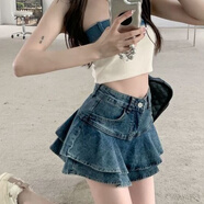 凌卡戚高腰牛仔半身裙女新款辣妹復(fù)古設(shè)計(jì)感小個(gè)子A字短裙荷葉邊裙 藍(lán)色蛋糕裙有內(nèi)襯 XS