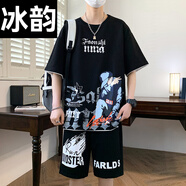 冰韻短袖男孩青少年純棉t恤12-15歲初中學(xué)生14帥氣運(yùn)動套裝16大童夏裝 7626黑色(短袖+短褲) 品質(zhì)升級 XL (110-130斤左右)