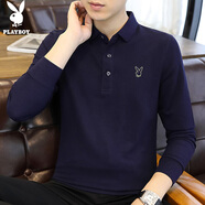 花花公子（PLAYBOY）長(zhǎng)袖T恤男裝春夏季男士polo打底衫寬松潮流上衣服 藏青 XL