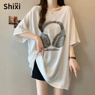 世希重工燙鉆印花短袖T恤女夏季新款大碼胖mm中長(zhǎng)款遮肚歐貨大版上衣 白色 L [100-120斤]