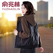 俞兆林薄款棉服女輕薄秋冬2024新款洋氣媽媽裝冬季外套連帽短款加絨棉衣 黑色 L (建議95-110斤）