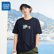 真維斯（Jeanswest）【商場同款】男裝圓領套頭衫2025夏印花休閑上衣學生短袖T恤男JW 深黑藍2590 L 180/100A