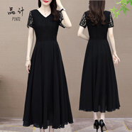 品計舞裙交誼舞大擺連衣裙黑色蕾絲雪紡女夏季2025新款高端媽媽 7872黑色 M （96至106斤）