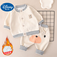 迪士尼（DISNEY）嬰兒衣服春秋兩件套加絨屁屁褲男寶寶分體套裝洋氣外出服男童秋裝 丨米色小熊條紋PP褲套裝 加絨 90 (升級款)cm 丨推薦身高85-95