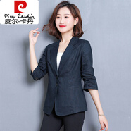 皮爾卡丹（pierre cardin）薄款休閑純色上衣女士春夏修身小西裝短款綠色七分袖外套百搭潮 藏青色 L 【建議105-115斤】