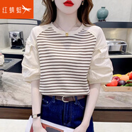 紅蜻蜓假兩件短袖拼接襯衣女夏季2025新款潮寬松百搭上衣顯瘦T恤女衫 卡其色短袖 L