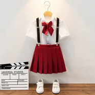 衣諾坊 六一兒童禮服演出服 幼兒園表演服套裝 小學(xué)生大合唱演出服裝 酒紅女:短袖+短裙+背帶+領(lǐng)花襪子 130 （建議體重：42-54斤）