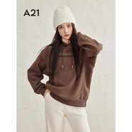 A21女裝字母繡花連帽加絨衛(wèi)衣冬季新款簡(jiǎn)約寬松落肩長(zhǎng)袖上衣 深啡 S