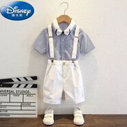 迪士尼（Disney）六一節(jié)男童禮服英倫風(fēng)帥氣背帶褲夏季婚禮鋼琴演出服兒童西裝套裝 藍(lán)條襯衫+白短褲 黑白領(lǐng)結(jié)白背帶 120