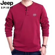 JEEP SPIRIT吉普男裝2025春秋季新款時(shí)尚長(zhǎng)袖t恤男寬松休閑V領(lǐng)衛(wèi)衣打底體恤衫 紅色 L 建議140斤左右