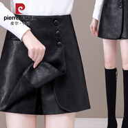 皮爾卡丹PU皮時尚皮裙短褲女2025春季新款黑色高腰時尚顯瘦皮短褲裙 黑色【8926#】 3XL 135--145斤