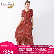 鱷魚恤夏季新品秀場印花100%桑蠶絲V領(lǐng)碎花收腰顯瘦長款真絲連衣裙 棗紅 2XL