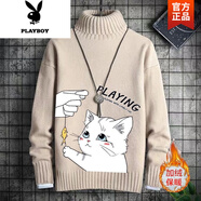 花花公子（PLAYBOY）加絨加厚高領(lǐng)毛衣男秋冬款韓版修身百搭男士套頭打底針織衫潮男裝 高領(lǐng)毛衣(卡其)逗貓 款 加絨 3XL (200) 160-180斤(修身版型)