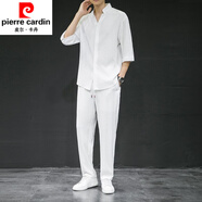 皮爾卡丹（pierre cardin）夏季冰絲亞麻套裝男中袖棉麻兩件套大碼寬松中袖T恤運動(dòng)裝針織 白色 【上衣+褲子】 2XL (120斤-135斤)