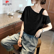 皮爾卡丹（pierre cardin）純棉露肩短袖T恤女夏天新款日系溫柔風(fēng)創(chuàng  )意卡通印花減齡體恤上衣 黑色純T S 【85-100】