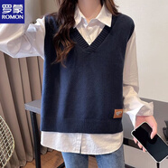 羅蒙（ROMON）針織馬甲背心女春秋毛線(xiàn)裝2025新款寬松毛衣坎肩外搭無(wú)袖短款上衣 藏青色 M