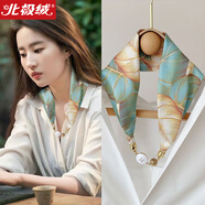 北極絨磁扣絲巾女春秋薄款護(hù)脖子懶人磁吸扣絲巾小長(zhǎng)條領(lǐng)巾護(hù)頸珍珠項(xiàng)鏈 翡翠金絲