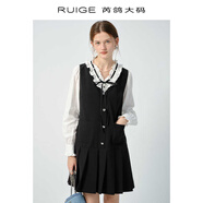 芮鴿大碼女裝學(xué)院風(fēng)V領(lǐng)百褶背心連衣裙女新款春直筒胖mm連衣裙 夜空黑背心裙 L