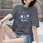 海之藤純棉大碼短袖t恤女印花新款休閑夏季寬松時(shí)髦遮肚子顯瘦半袖上衣 鐵灰色 2XL 建議 155-175斤