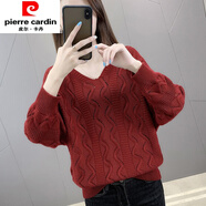 皮爾卡丹（pierre cardin）夏裝鏤空針織長(cháng)袖網(wǎng)衫女春秋新款蝙蝠罩衫薄款毛衣女寬松v領(lǐng)上衣 酒紅色 3XL 建議130-140斤
