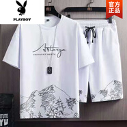 花花公子（PLAYBOY）2025夏季短袖T恤套裝男潮流個(gè)性休閑ins潮流半袖冰絲體恤兩件套男 雪山短褲套裝白色 M 75-95斤