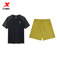特步范丞丞同款玩水套裝男女新款夏季防曬外套運動(dòng)速干t袖短褲三件套 夏慕綠+正黑色（短T+短褲）-男 XS